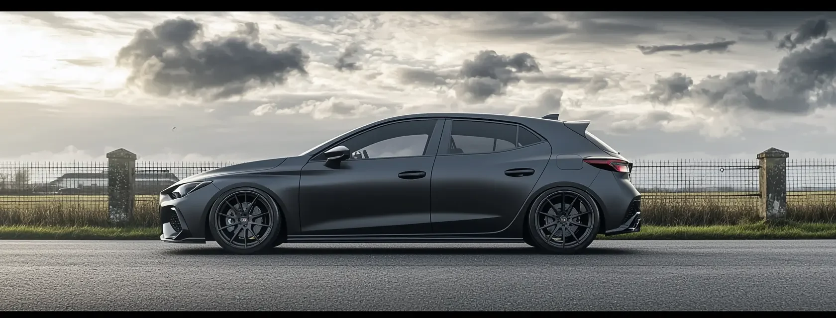 a modern dark grey hatchback car in perfect side